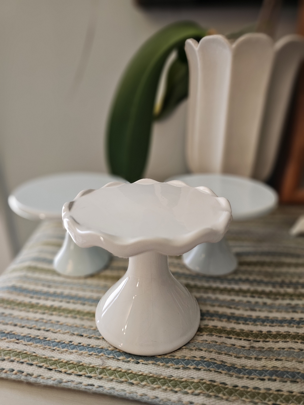 Set Of 3... 1 Small White Ceramic Pedestal Stand And 2 Small Light Blue Ones